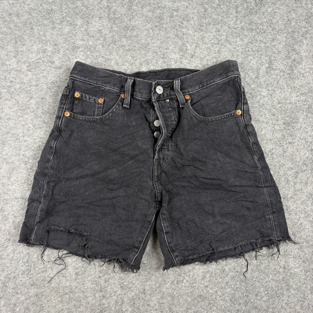 Levis 501 Shorts Womens 25 Black Distressed Cutoff Denim Button Fly